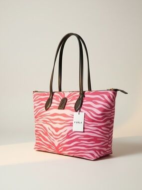 💖 NWT Furla Pink Zebra Print Tote Nylon Shoulder Bag Black Leather Trim 🖤✨